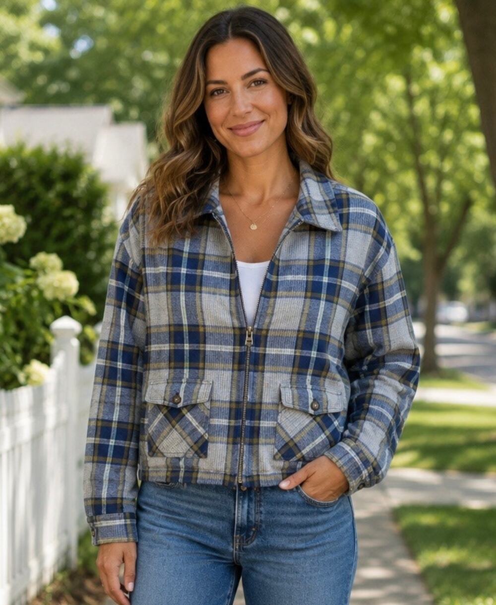 At Last & Co Women's Blue and gray plaid full zip 100% cotton jacket large